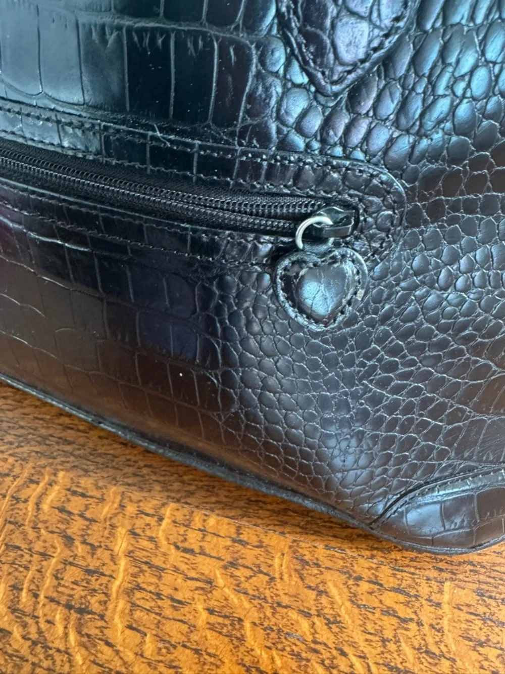 Brighton Black Croc-Embossed Satchel with Heart Accent and Silver Hardware